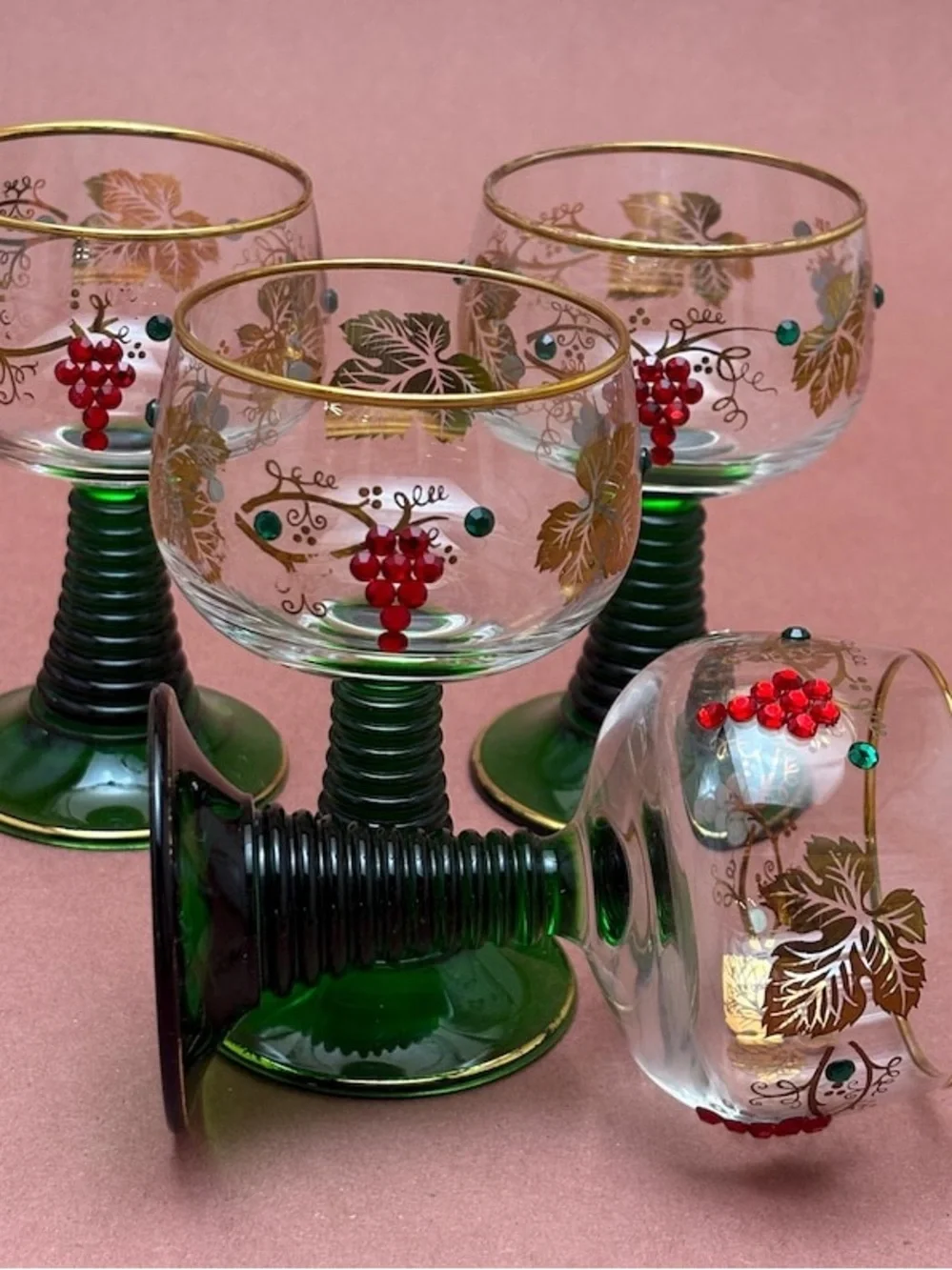 Vintage German Set of 4 Romer Wine Glasses Swarovski Crystal and Gold Leaf Grape